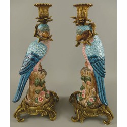 Jugendstil Kerzenhalter Kerzenständer Set Papageien Bunt Gold