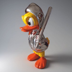 Casa Padrino XXL Deko Skulptur Ente Silber / Gelb / Orange H. 165 cm - Deko Figur