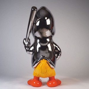 Casa Padrino XXL Deko Skulptur Ente Silber / Gelb / Orange H. 165 cm - Deko Figur