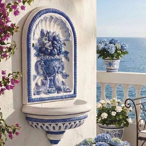 Casa Padrino fuente de pared Art Nouveau de lujo blanco / azul Al. 130 cm - Decoración de jardín