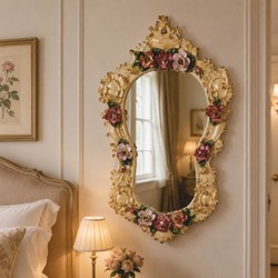 Casa Padrino specchio barocco di lusso in ceramica beige / multicolore / oro A. 120 cm - Fatto in Italia