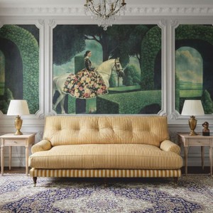 Casa Padrino divano di lusso in velluto a righe giallo / bianco / marrone scuro / ottone 200 cm - Divano per soggiorno - Divano per hotel - Mobili di lusso