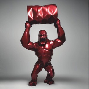 Casa Padrino sculpture décorative de jardin XXL gorille avec tonneau rouge métallisé H. 250 cm - Grande figurine de jardin - Figurine animale XXL
