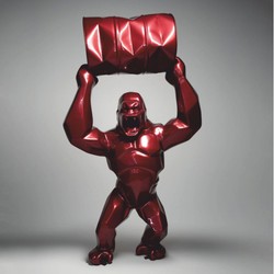 Casa Padrino sculpture décorative de jardin XXL gorille avec tonneau rouge métallisé H. 250 cm - Grande figurine de jardin - Figurine animale XXL