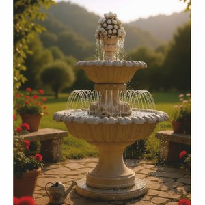 Casa Padrino fuente barroco con anillo de chorro de agua beige Ø 153 x Al. 270 cm - Magnífica fuente de jardín - Decoración para jardín y patio