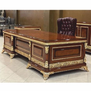 Casa Padrino Luxus Barock Massivholz Schreibtisch Braun / Gold 240 cm - Prunkvoller Barock Bürotisch - Barock Büro Möbel