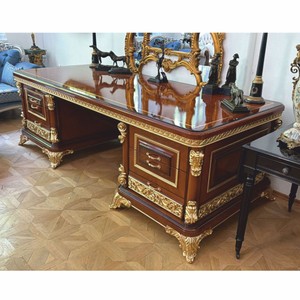 Casa Padrino Luxus Barock Massivholz Schreibtisch Braun / Gold 240 cm - Prunkvoller Barock Bürotisch - Barock Büro Möbel