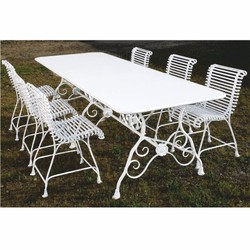 Casa Padrino Art Nouveau Wrought Iron Garden Furniture Set White - 1 Garden Dining Table & 6 Garden Chairs - Art Nouveau Hospitality & Garden Furniture