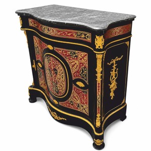 Casa Padrino Barock Boulle Massivholz Kommode mit Marmorplatte Schwarz / Rot / Gold / Grau H. 105 cm - Barock Boulle Möbel