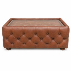 Casa Padrino Luxury Chesterfield Genuine Leather Coffee Table with Glass Top Brown / Dark Brown 120 cm - Living Room Furniture - Leather Furniture