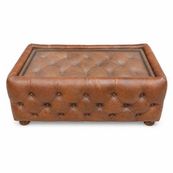 Casa Padrino Luxury Chesterfield Genuine Leather Coffee Table with Glass Top Brown / Dark Brown 120 cm - Living Room Furniture - Leather Furniture