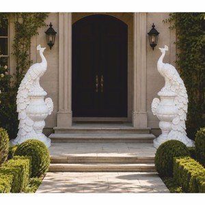 Casa Padrino ensemble de 2 sculptures baroques en marbre blanc paons H. 180 cm - Magnifiques sculptures en marbre baroque - Décoration de jardin