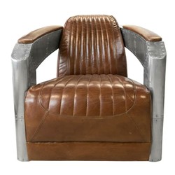 Casa Padrino Fauteuil de Luxe en Cuir Vintage Marron / Argent 94 x 74,5 x H. 78 cm - Fauteuil Club Style Aviateur avec Accoudoirs en Aluminium Casa Padrino Fauteuil de Luxe en Cuir Vintage Marron / Argent 94 x 74,5 x H. 78 cm - Fauteuil Club Style Aviateur avec Accoudoirs en Aluminium