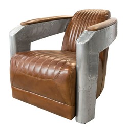 Casa Padrino Fauteuil de Luxe en Cuir Vintage Marron / Argent 94 x 74,5 x H. 78 cm - Fauteuil Club Style Aviateur avec Accoudoirs en Aluminium Casa Padrino Fauteuil de Luxe en Cuir Vintage Marron / Argent 94 x 74,5 x H. 78 cm - Fauteuil Club Style Aviateur avec Accoudoirs en Aluminium