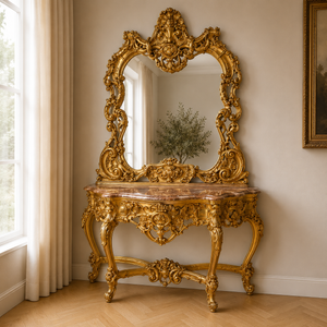 Casa Padrino consolle barocca di lusso con specchio Oro - con coronamento a conchiglia - Magnifica consolle con specchio da parete - Mobile da ingresso stile antico - Mobili barocchi Casa Padrino consolle barocca di lusso con specchio Oro - con coronamento a conchiglia - Magnifica consolle con specchio da parete - Mobile da ingresso stile antico - Mobili barocchi