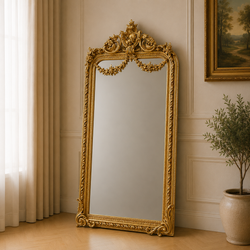 Casa Padrino espejo de pie barroco Oro 120 x H. 225 cm - con remate floral - Espejo de cuerpo entero estilo antiguo hecho a mano - Espejo de guardarropa - Espejo de dormitorio - Muebles barrocos Casa Padrino espejo de pie barroco Oro 120 x H. 225 cm - con remate floral - Espejo de cuerpo entero estilo antiguo hecho a mano - Espejo de guardarropa - Espejo de dormitorio - Muebles barrocos