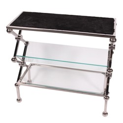 Casa Padrino Tavolo Consolle di Lusso con Piano in Pelliccia Argento / Nero 82 x 34 x A. 76 cm - Tavolino con 2 Ripiani in Vetro