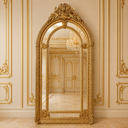 Casa Padrino baroque standing mirror Gold 115 x H. 215 cm - with acanthus carving and ribbon crest - Handmade antique style full length mirror - Cloakroom mirror - Bedroom mirror - Baroque furniture Casa Padrino baroque standing mirror Gold 115 x H. 215 cm - with acanthus carving and ribbon crest - Handmade antique style full length mirror - Cloakroom mirror - Bedroom mirror - Baroque furniture