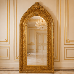 Casa Padrino baroque standing mirror Gold 115 x H. 215 cm - with acanthus carving and cartouche crest - Handmade antique style full length mirror - Cloakroom mirror - Bedroom mirror - Baroque furniture Casa Padrino baroque standing mirror Gold 115 x H. 215 cm - with acanthus carving and cartouche crest - Handmade antique style full length mirror - Cloakroom mirror - Bedroom mirror - Baroque furniture