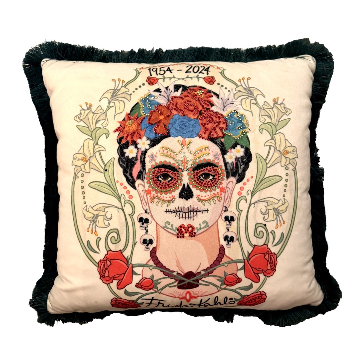 Casa Padrino Decorative Cushion Frida Kahlo Sugar Skull Cream / Teal - Pillow with Filling Casa Padrino Decorative Cushion Frida Kahlo Sugar Skull Cream / Teal - Pillow with Filling