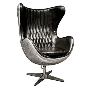 Casa Padrino Poltrona Girevole di Lusso in Vera Pelle Nera / Argento 79 x 84 x H. 111 cm - Mobili Aviatore in Alluminio