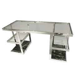 Casa Padrino Scrivania di Lusso in Acciaio Inox Argento / Verde 150 x 60 x H. 76 cm - Tavolo da Ufficio con Piano in Vetro e Marmo