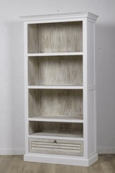 Landhausstil Bücherregal Weiß Naturfarben mit 4 Fächern und Lamellenschublade 180 cm Landhausstil Bücherregal Weiß Naturfarben mit 4 Fächern und Lamellenschublade 180 cm
