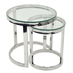 Casa Padrino Juego de 2 Mesas Auxiliares de Lujo Plateado Ø 55 x H. 55 cm - Mesas Nido Redondas de Acero con Tableros de Cristal