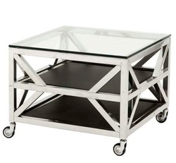 Casa Padrino Mesa de Centro de Lujo sobre Ruedas Plateado / Negro 65 x 65 x H. 50 cm - Mesa de Salón de Acero con Tablero de Cristal Casa Padrino Mesa de Centro de Lujo sobre Ruedas Plateado / Negro 65 x 65 x H. 50 cm - Mesa de Salón de Acero con Tablero de Cristal