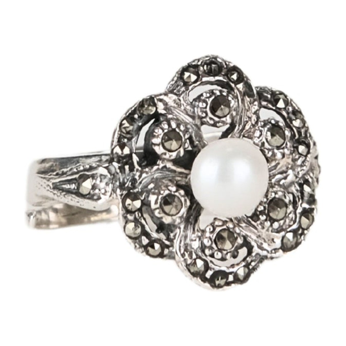 Casa Padrino Ring Blume Markasit aus Sterlingsilber mit Perle Casa Padrino Ring Blume Markasit aus Sterlingsilber mit Perle