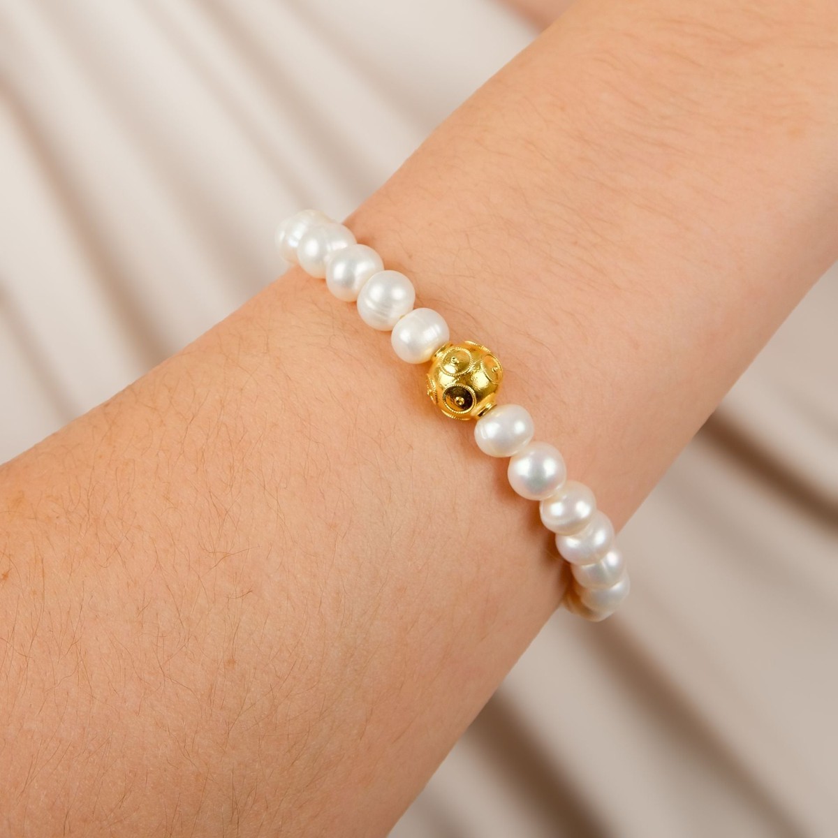 Casa Padrino Pulsera Conta de Viana de Plata bañada en oro con Perlas Casa Padrino Pulsera Conta de Viana de Plata bañada en oro con Perlas