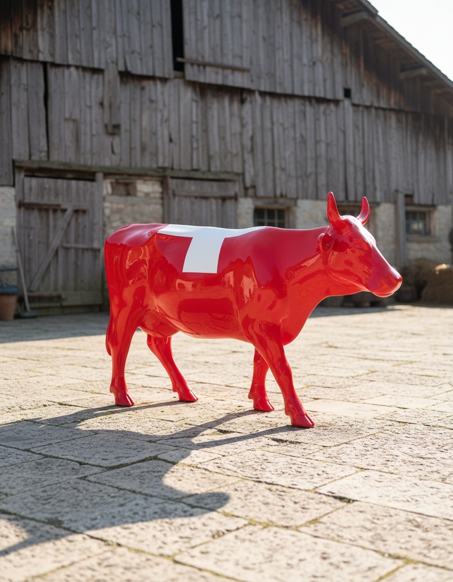 Casa Padrino luxury decorative sculpture Kuh Schweizer Flagge H. 147 cm - Huge garden sculpture - Life size sculpture - XXL decorative sculpture Casa Padrino luxury decorative sculpture Kuh Schweizer Flagge H. 147 cm - Huge garden sculpture - Life size sculpture - XXL decorative sculpture