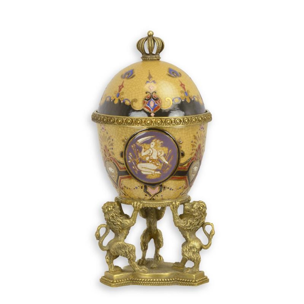 Casa Padrino Barock Porzellan Deckeldose Ei Gelb / Mehrfarbig / Gold 12,4 x 13 x H. 25 cm - Prunkvolle Schmuckdose mit Bronze Löwen - Barock Deko Accessoires Casa Padrino Barock Porzellan Deckeldose Ei Gelb / Mehrfarbig / Gold 12,4 x 13 x H. 25 cm - Prunkvolle Schmuckdose mit Bronze Löwen - Barock Deko Accessoires