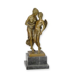 Casa Padrino Sculpture en Bronze Le Secret Bronzé / Gris 12,9 x 12,9 x H. 34,6 cm - Couple avec Cupidon sur Socle en Marbre
