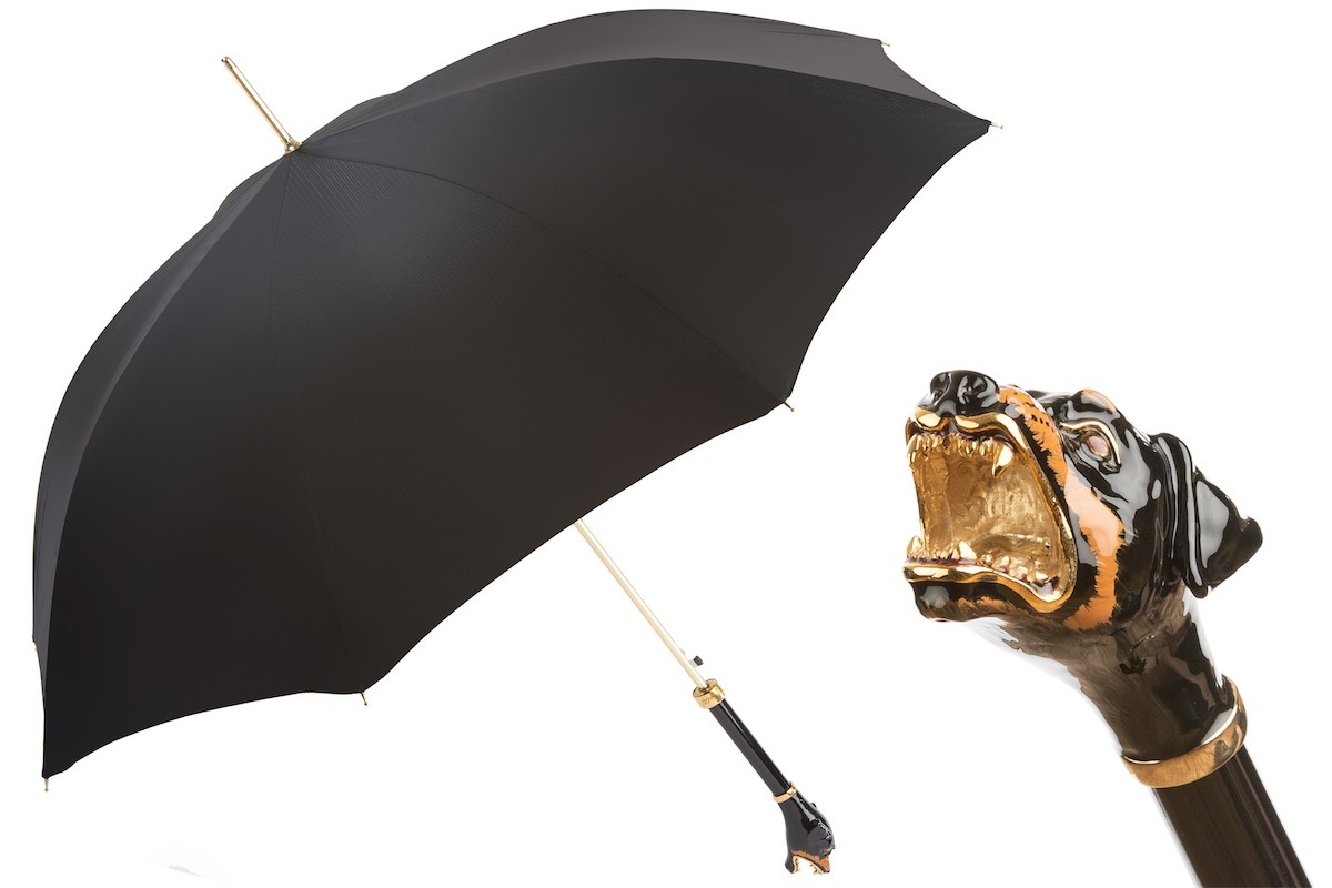 Casa Padrino Paraguas de Lujo Hombre Rottweiler - Apertura Automática - 100% Poliéster - Mango de Latón Esmaltado - 95cm x 110cm Casa Padrino Paraguas de Lujo Hombre Rottweiler - Apertura Automática - 100% Poliéster - Mango de Latón Esmaltado - 95cm x 110cm