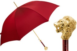 Casa Padrino Paraguas de lujo para hombre con empuñadura de león dorado y tela roja - Hecho a mano en Italia - Longitud 95cm Diámetro 110cm