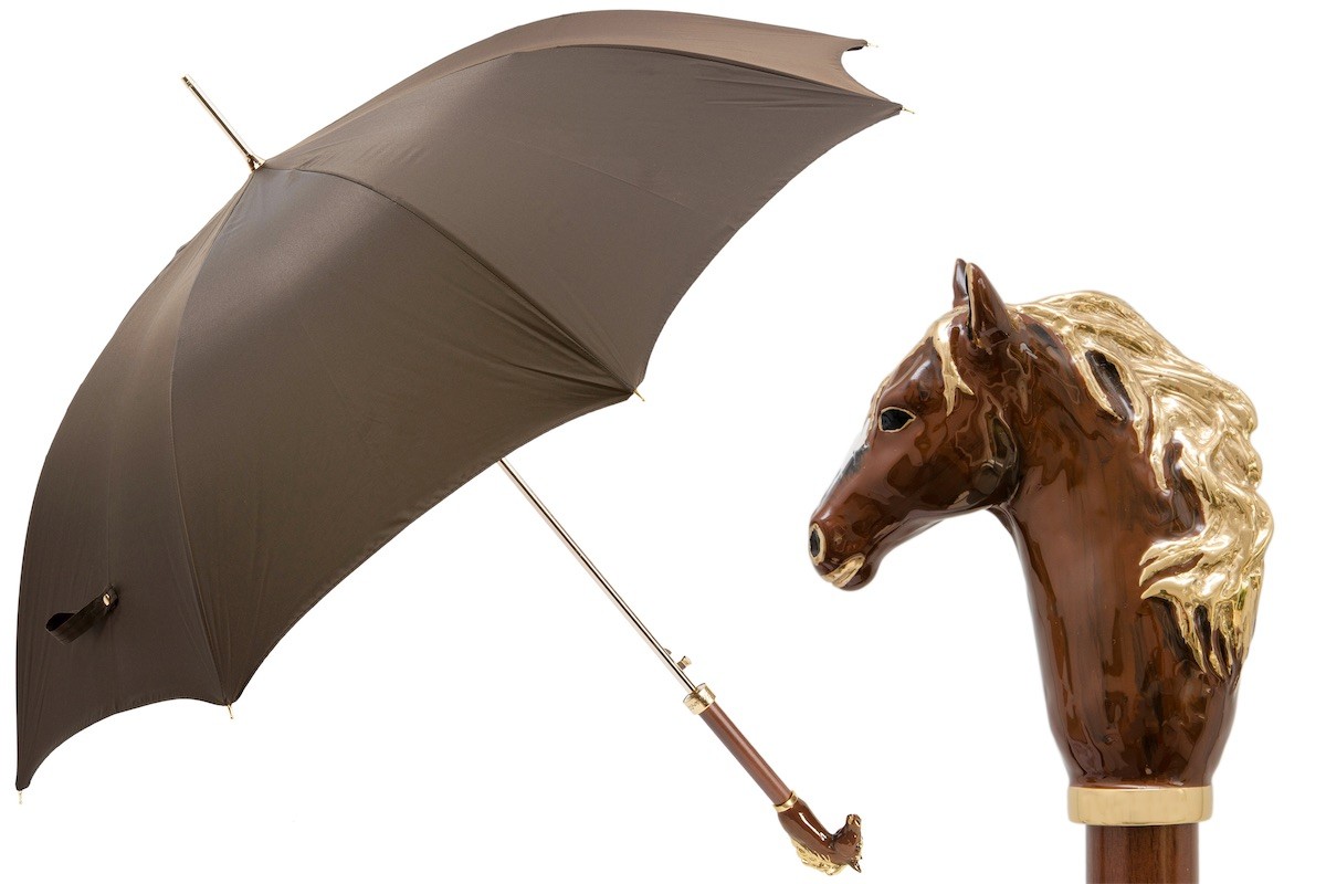 Casa Padrino Paraguas de lujo para hombre con caballo marrón - Apertura automática - 100% Poliéster - Mango de latón esmaltado - 95cm x 110cm Casa Padrino Paraguas de lujo para hombre con caballo marrón - Apertura automática - 100% Poliéster - Mango de latón esmaltado - 95cm x 110cm