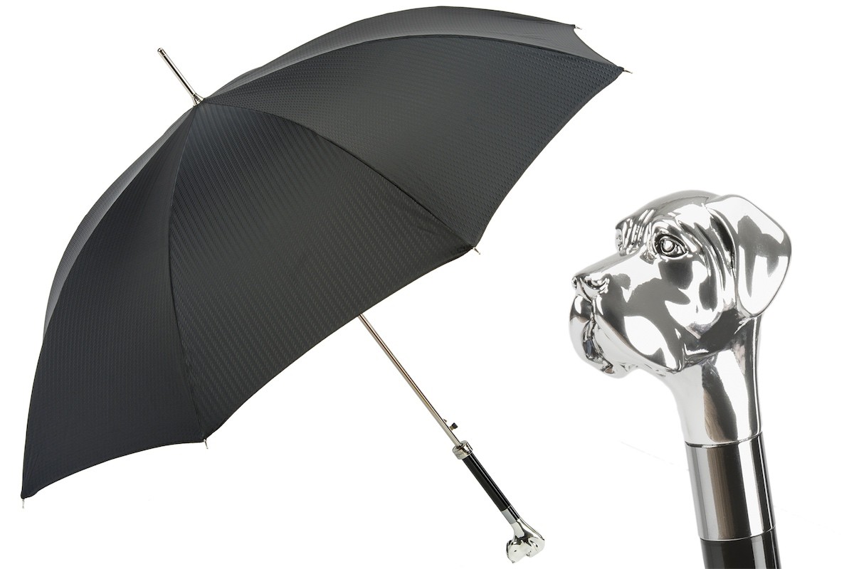 Casa Padrino Paraguas de lujo hombre con mango Labrador plata - Apertura automática - 100% Poliéster - Resina esmaltada plata - 95cm x 110cm Casa Padrino Paraguas de lujo hombre con mango Labrador plata - Apertura automática - 100% Poliéster - Resina esmaltada plata - 95cm x 110cm