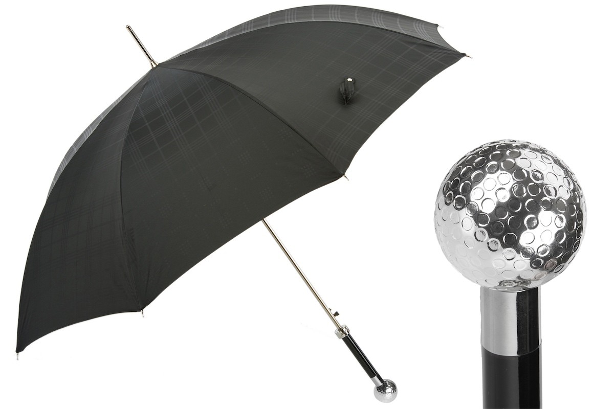 Casa Padrino Paraguas de lujo para hombre con empuñadura de pelota de golf plateada - Apertura automática - 100% Poliéster - 95cm x 110cm Casa Padrino Paraguas de lujo para hombre con empuñadura de pelota de golf plateada - Apertura automática - 100% Poliéster - 95cm x 110cm