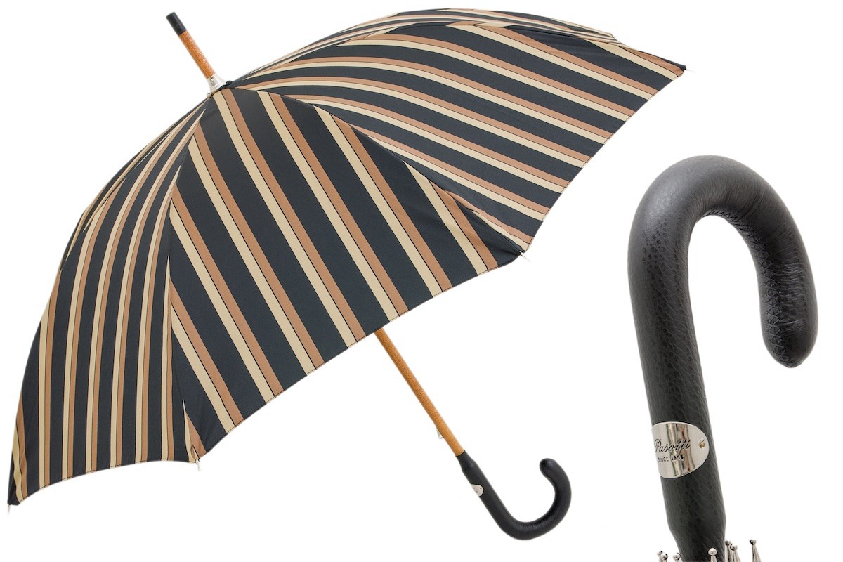 Casa Padrino Paraguas de Lujo para Hombre con Rayas y Mango de Cuero, Longitud 92cm, Diametro 110cm Casa Padrino Paraguas de Lujo para Hombre con Rayas y Mango de Cuero, Longitud 92cm, Diametro 110cm