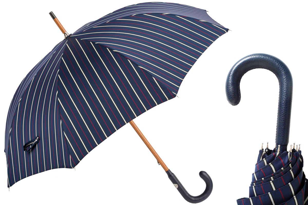 Casa Padrino Paraguas Italiano Hecho a Mano con Mango de Cuero Azul para Hombre - 92cm x 110cm Casa Padrino Paraguas Italiano Hecho a Mano con Mango de Cuero Azul para Hombre - 92cm x 110cm