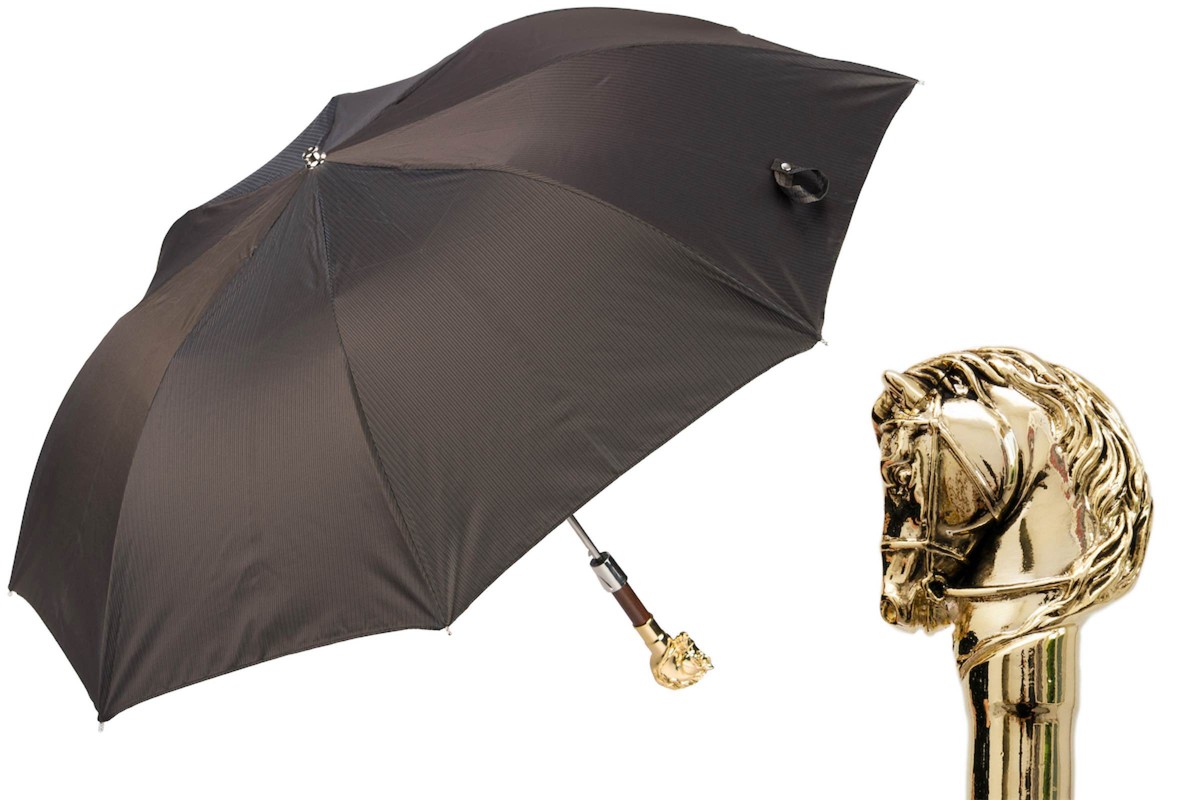 Casa Padrino Paraguas de lujo para hombre con mango de cabeza de caballo dorado - Hecho a mano, 100cm Casa Padrino Paraguas de lujo para hombre con mango de cabeza de caballo dorado - Hecho a mano, 100cm