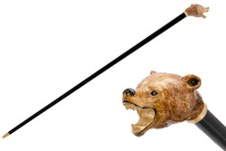 Casa Padrino Bastón con Oso pardo - Madera de haya, Mango de latón esmaltado, Longitud 92 cm