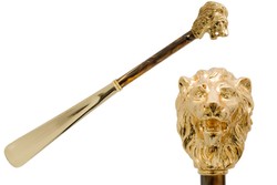 Casa Padrino Calzador de lujo con cabeza de león y mango de resina dorada, varilla de PMMA marrón perlado 50 cm