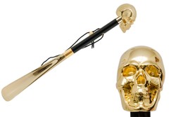 Schuhanzieher mit Goldfarben Totenkopf - Buchenholz-Stange, Schaufel aus ABS, Goldfarben Emaillierter Griff aus Harz - Handmade in Italy