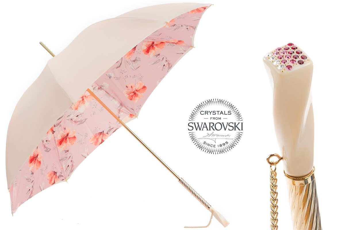 Casa Padrino Paraguas de lujo para mujer marfil con flores rosas - Mango con cristales Swarovski - 93cm x 102cm Casa Padrino Paraguas de lujo para mujer marfil con flores rosas - Mango con cristales Swarovski - 93cm x 102cm