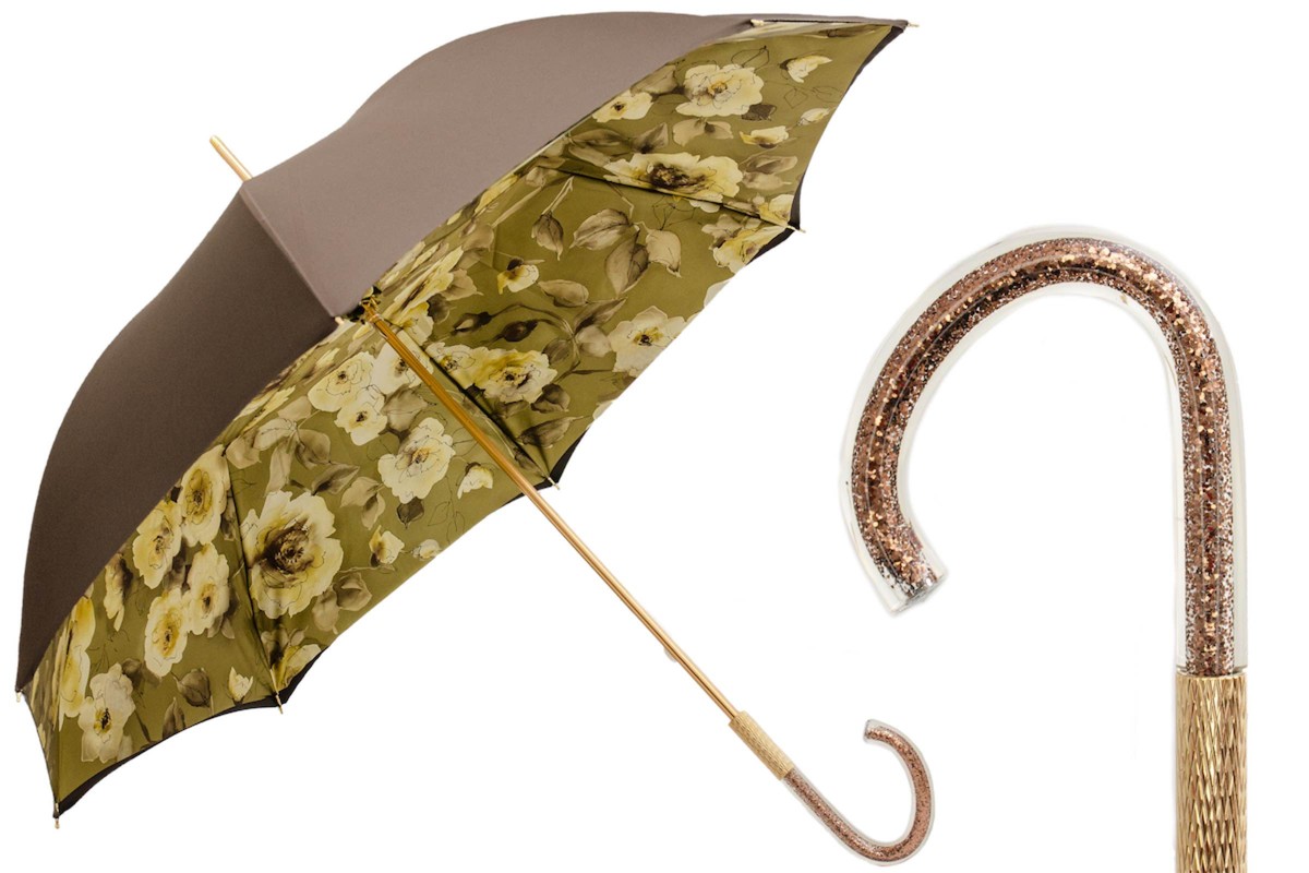 Casa Padrino Paraguas de lujo para mujer en caqui con flores y purpurina, mango de acetato, longitud 93 cm Casa Padrino Paraguas de lujo para mujer en caqui con flores y purpurina, mango de acetato, longitud 93 cm