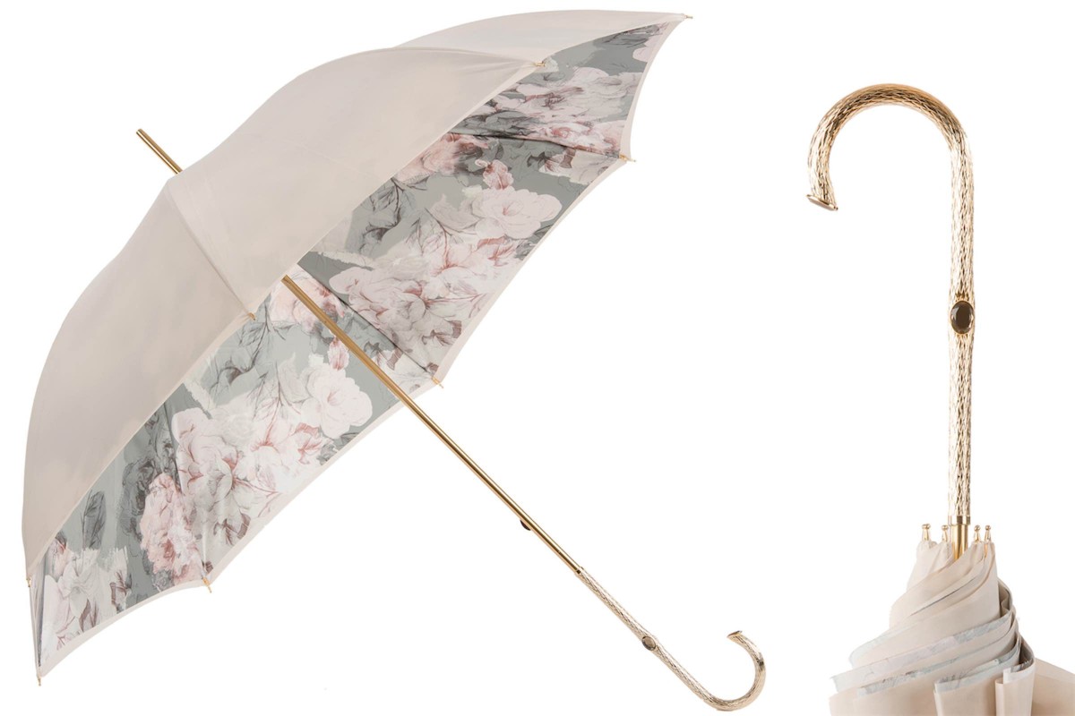 Casa Padrino Paraguas de lujo mujer flores marfil - Hecho a mano en Italia - Mango de latón - Longitud 93cm Diámetro 102cm Casa Padrino Paraguas de lujo mujer flores marfil - Hecho a mano en Italia - Mango de latón - Longitud 93cm Diámetro 102cm
