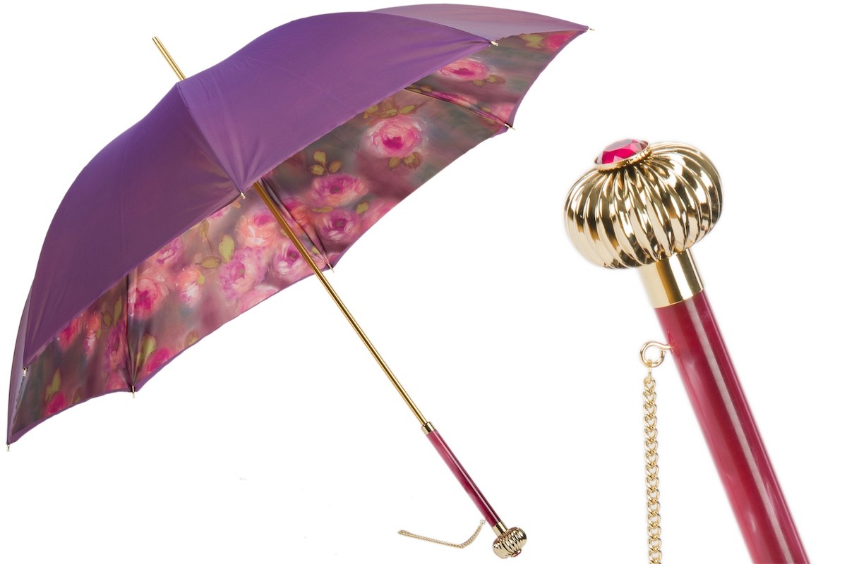 Casa Padrino Paraguas de lujo para mujer con motivo de rosas en morado, doble tejido, mango de laton, longitud 93cm, diametro 102cm Casa Padrino Paraguas de lujo para mujer con motivo de rosas en morado, doble tejido, mango de laton, longitud 93cm, diametro 102cm