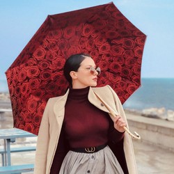 Casa Padrino Paraguas de lujo para mujer con ramo de rosas, doble tejido, mango de latón, 93cm
